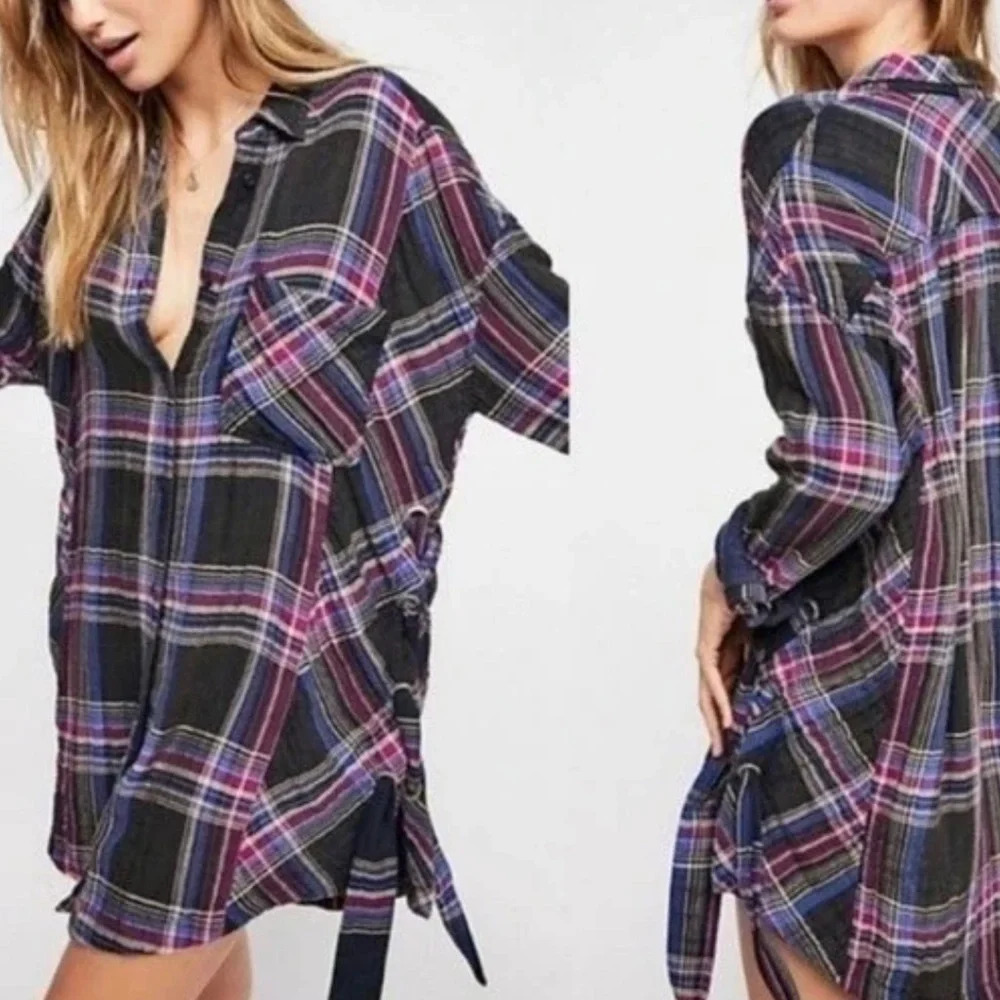 FREE PEOPLE Nordic Day Top Plaid Buttondown Oversized Purple Blue Shirt XS - Picture 2 of 16